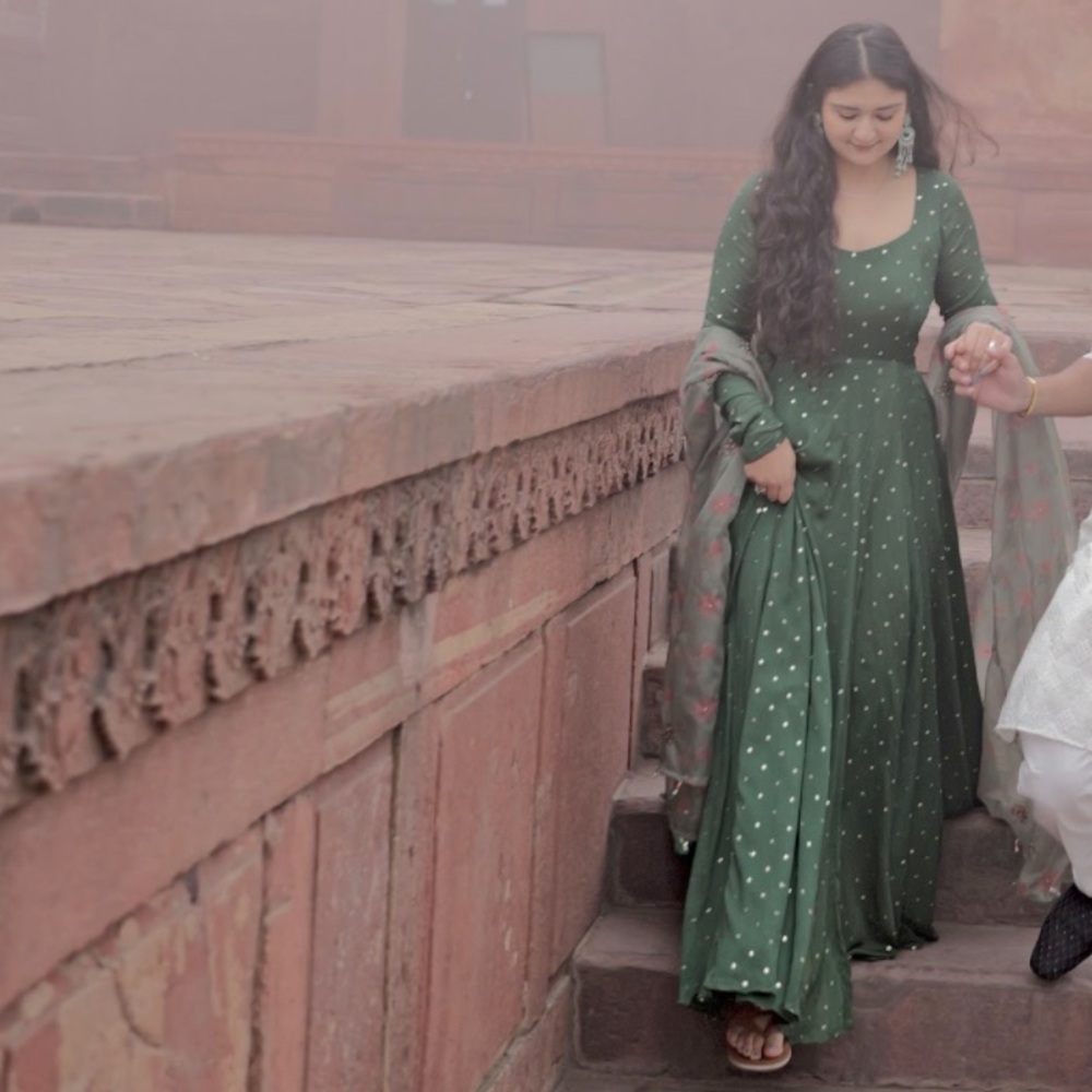 Gorgeous emerald anarkali dress with sequin work. Size M